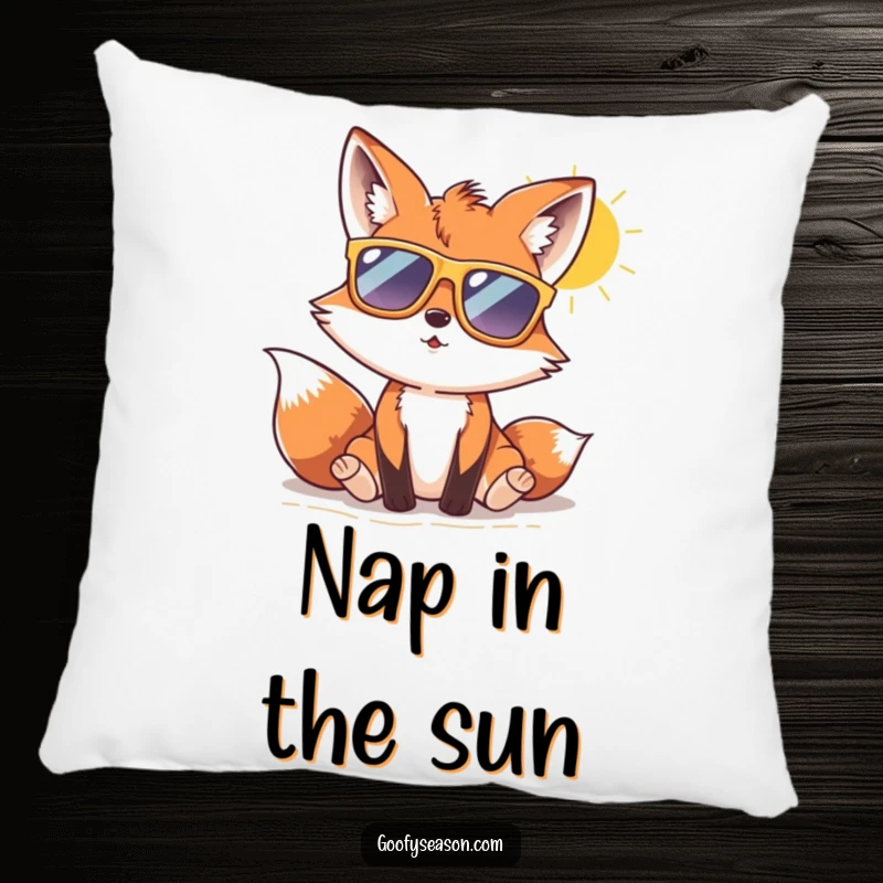 Soft pillow featuring a funny fox in oversized sunglasses, enjoying a sunny beach day, adding cool humor.