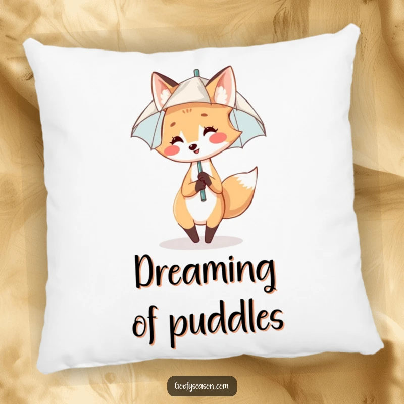 Funny Pillow: A smiling fox dances carefree in the rain, holding a small umbrella, full of cheer.