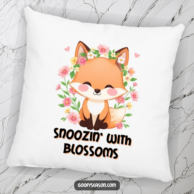 Funny pillow featuring a happy fox wearing a spring wreath, surrounded by blooming flowers, offering comfort and vibrant spring charm.