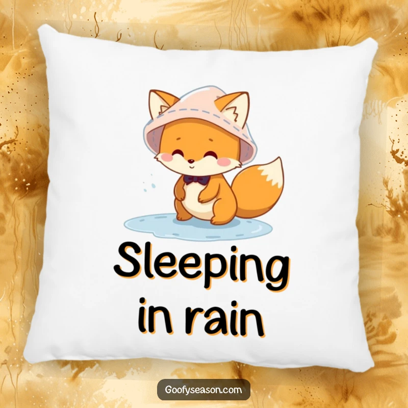 Funny mischievous fox character wearing a rain hat, splashing in puddles on a soft pillow, perfect for cozy rainy day decor.