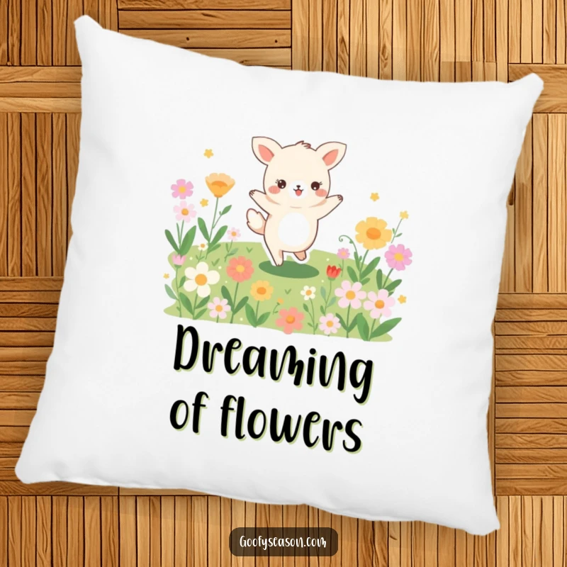 Funny pillow featuring a joyful animal character dancing with abandon amidst a colorful explosion of blooming flowers, perfect for decor.