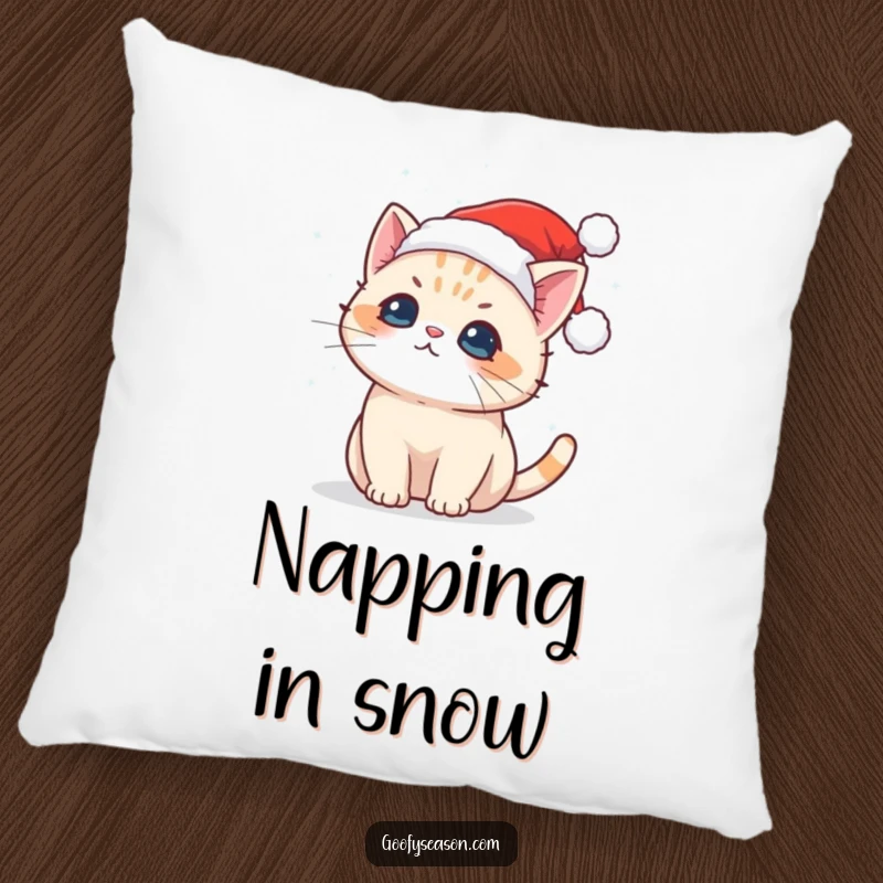 Funny pillow featuring a cute Kawaii cat in a Santa hat catching snowflakes, soft and festive.