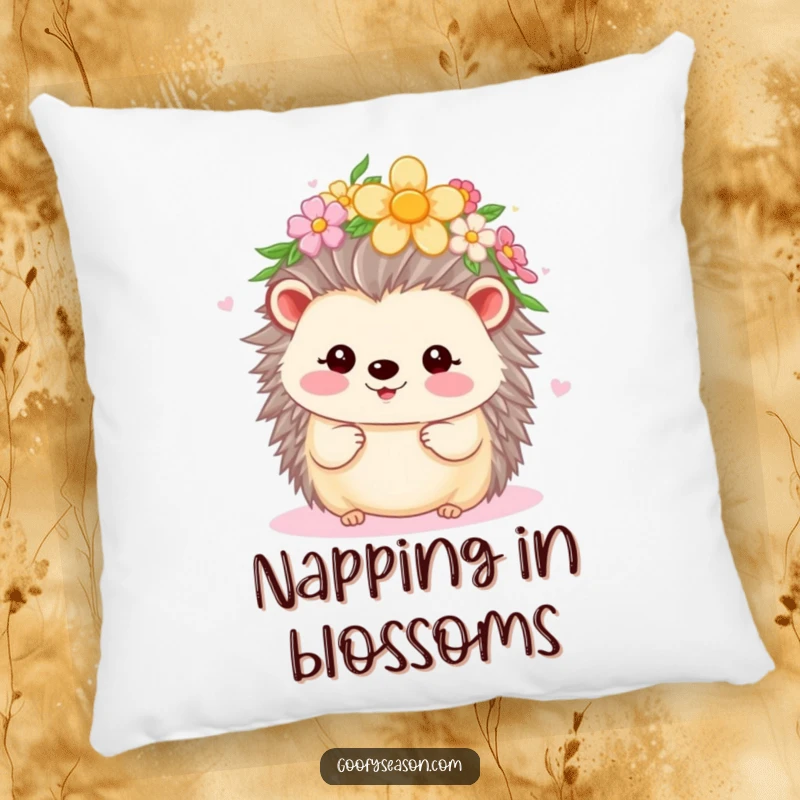 Funny Kawaii hedgehog wearing a flower crown, beaming during spring, featured on a soft, decorative pillow.