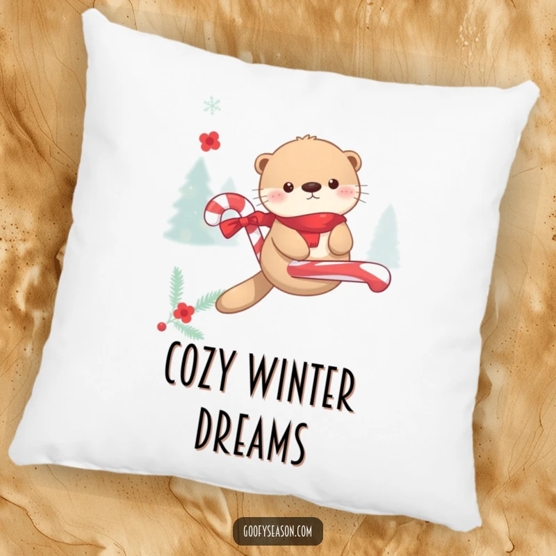 Funny Kawaii otter floating on a candy cane during winter merriment, featured on a soft, decorative pillow.
