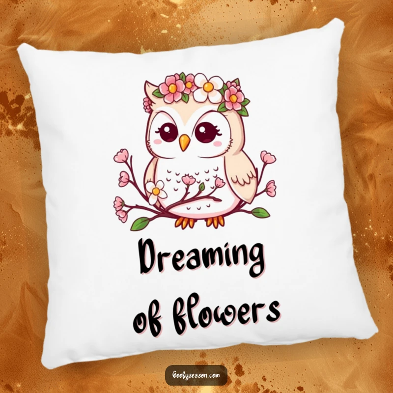 Funny decorative pillow with a kawaii owl in a flower crown, peacefully observing blooming spring buds.