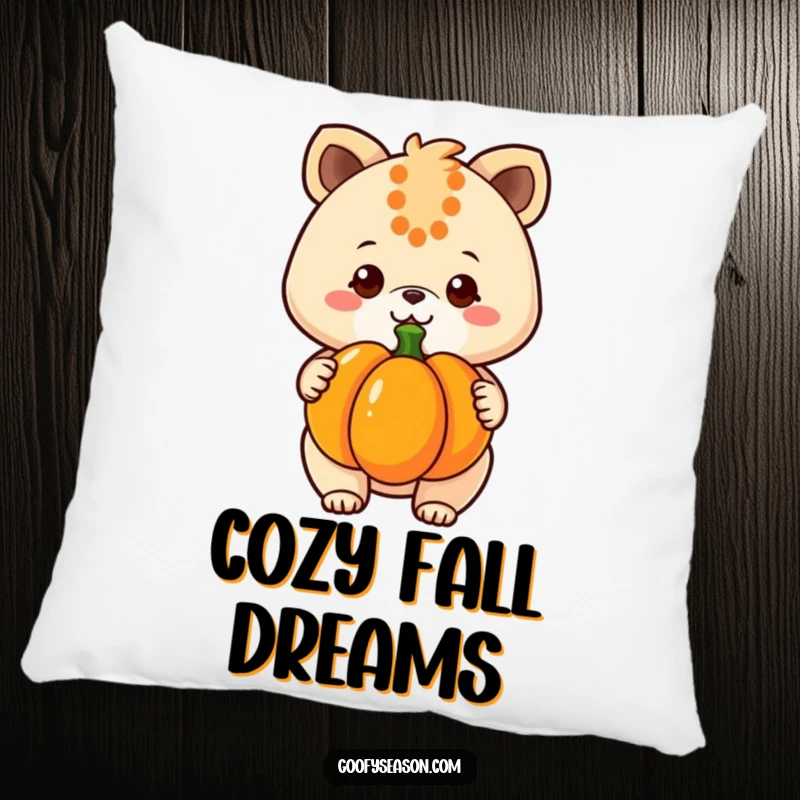 Funny kawaii animal character with a big, cheerful grin holds a pumpkin, adorning this soft and huggable pillow.