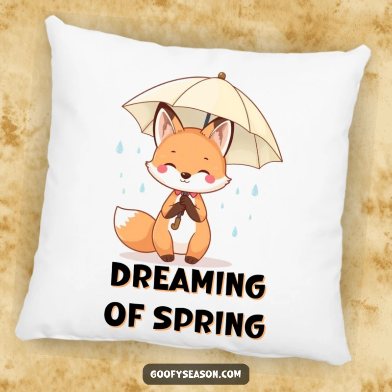 Funny Kawaii fox holding an umbrella against cheerful spring raindrops, perfect for a cozy and cute decorative pillow.