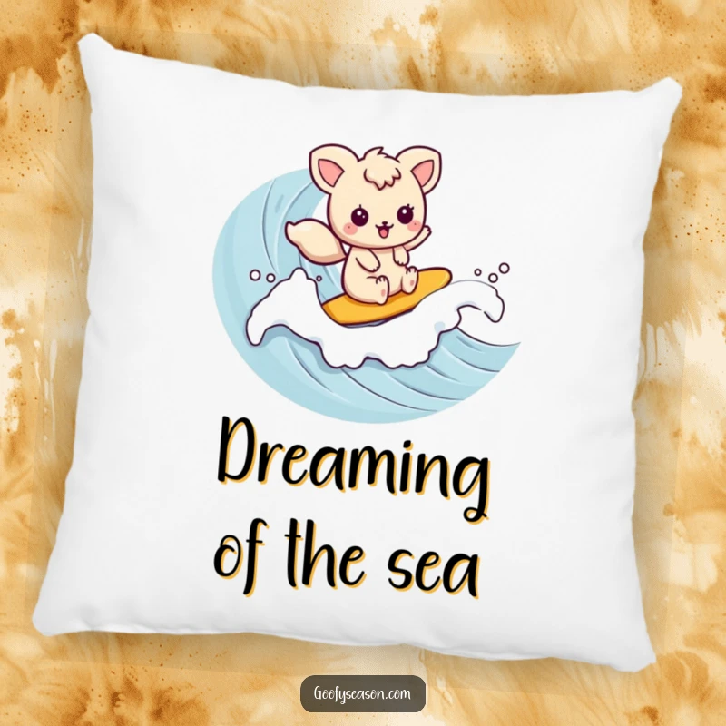 Funny kawaii animal character enjoying a wave ride, providing comfort and humor on this plush pillow.