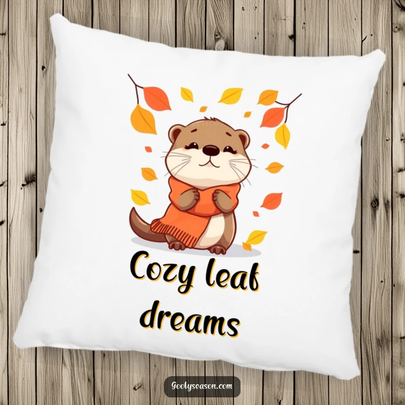 Funny Pillow: A curious otter in a scarf observes falling autumn leaves with delight.