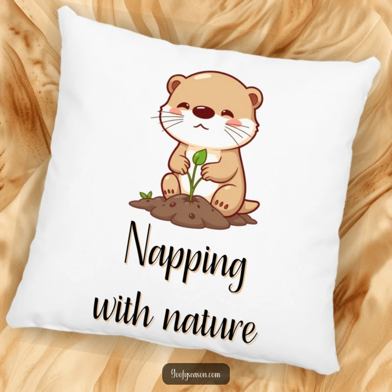 Funny pillow with a determined otter character planting a tiny sprout in spring, offering a humorous and comfortable touch to any seating.
