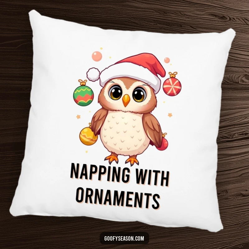 Funny pillow featuring a cheerful owl wearing a Santa hat and juggling festive ornaments, offering cozy holiday comfort and festive charm.