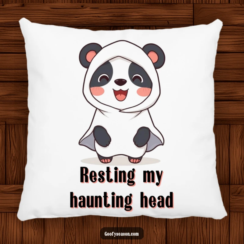 Funny Panda Ghost Pillow: A smiling panda dressed as a ghost for Halloween, offering comfort and a touch of playful spookiness.