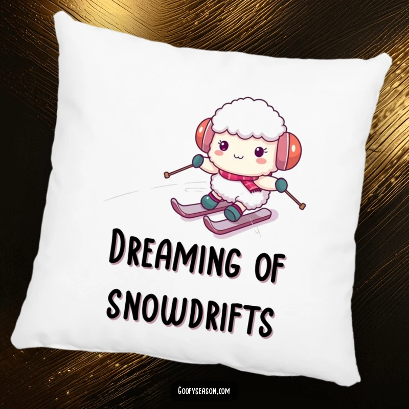 Funny sheep character wearing earmuffs, comically skiing down a snowy hill on a soft pillow, perfect for cozy winter decor.