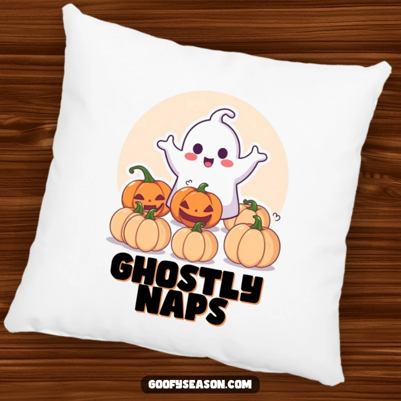 Funny Pillow: Happy ghost character playfully surprising pumpkins, perfect for cozy, spooky Halloween nights.