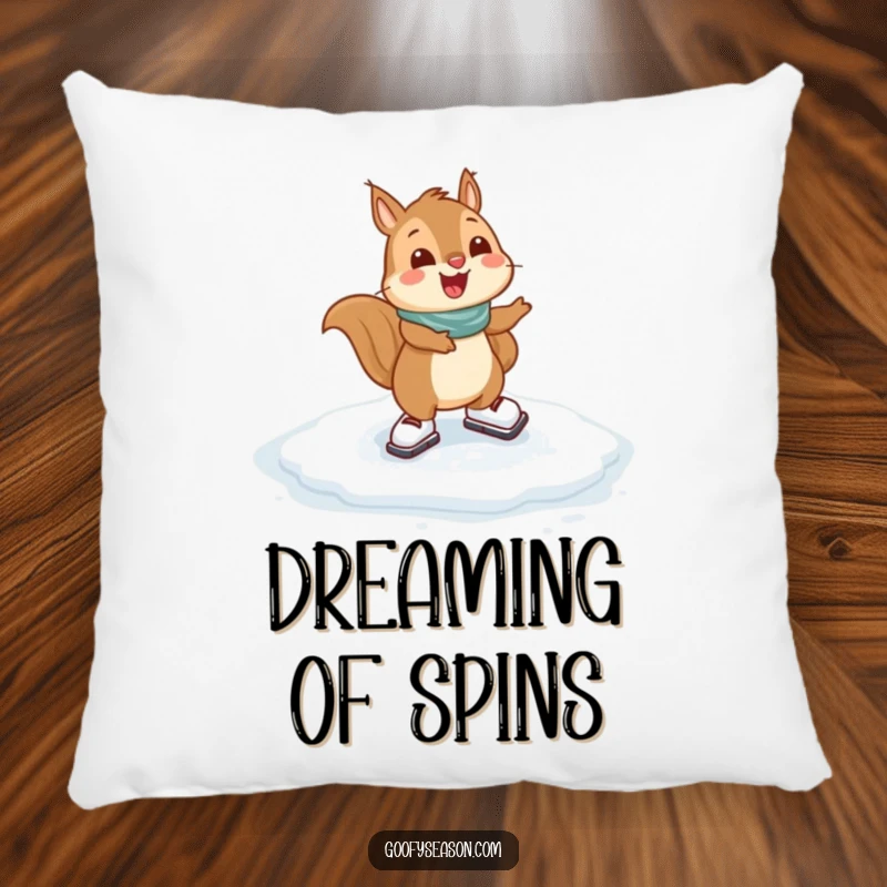 Funny Squirrel Pillow: A happy squirrel character gleefully ice skating on a frozen puddle, providing comfort and winter fun.