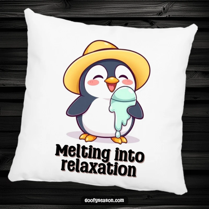 Funny Pillow: A joyous penguin in a sun hat holds a melting ice cream cone.