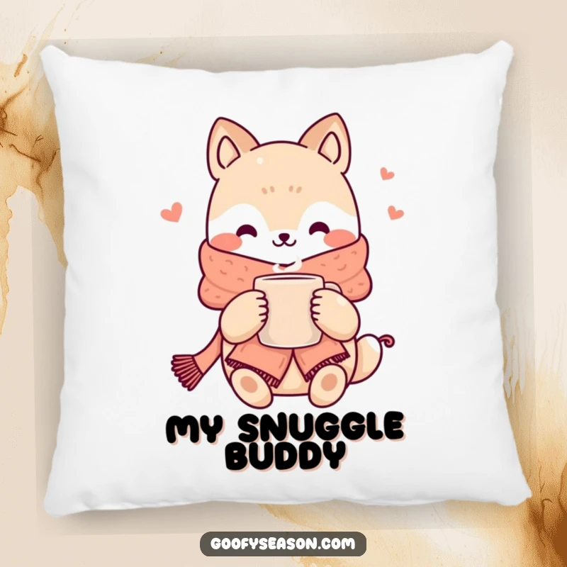 Funny kawaii animal character wearing a scarf and holding a steaming mug, designed as a plush and decorative pillow.