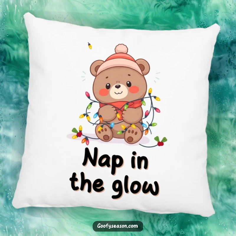 Funny Kawaii bear tangled in bright, colorful festive winter lights, perfect for a cozy and humorous pillow.