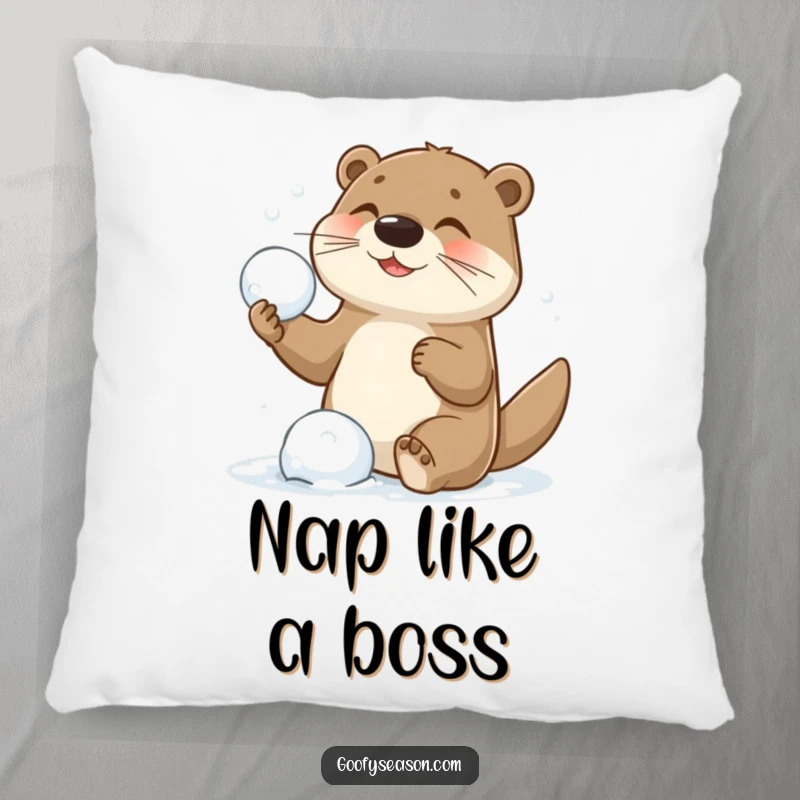Funny pillow featuring a playful otter character engaged in a spirited snowball fight, bringing cozy, comical winter vibes.
