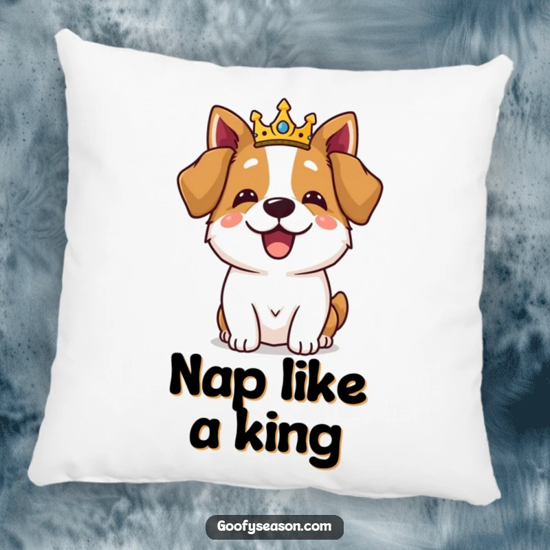 Plush pillow featuring a funny dog adorned with a tiny crown, indulging in a royal feast, adding humor.
