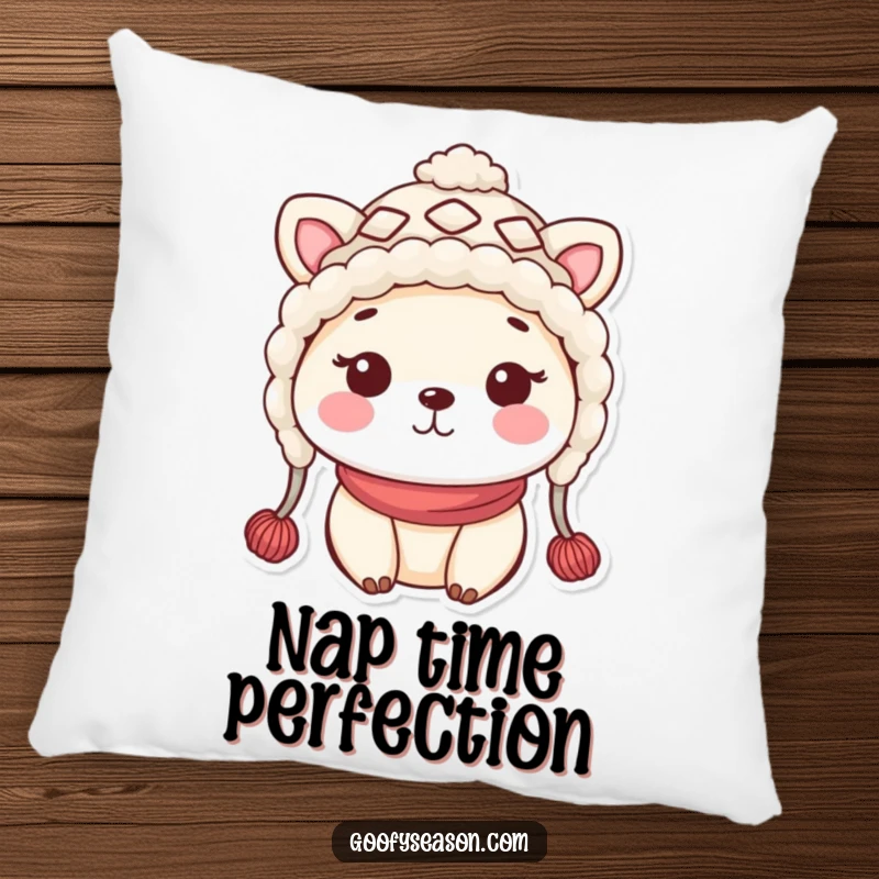 Funny kawaii animal character in a silly woolly hat with rosy cheeks, looking soft and huggable on this pillow.