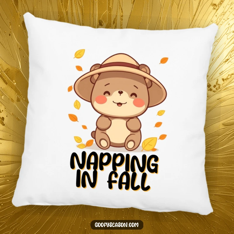 Funny happy bear character wearing a sun hat, catching falling leaves on a soft pillow, perfect for cozy autumn decor.
