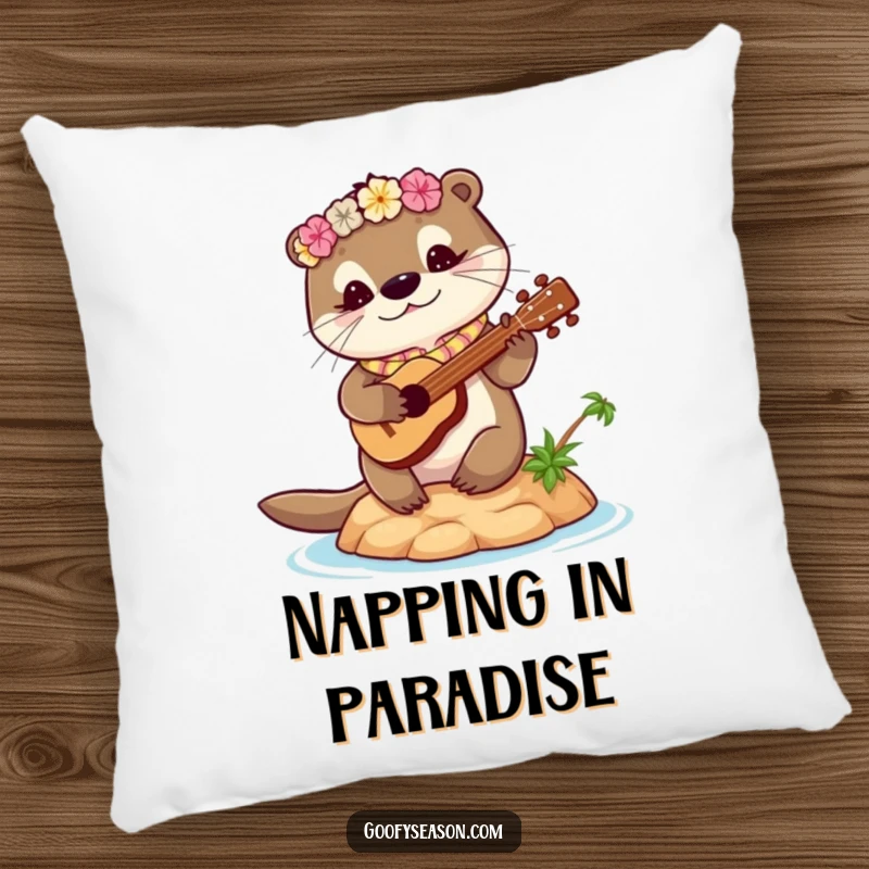 Funny otter pillow showing a cute otter with a lei playing a ukulele on a small island. Cozy and amusing.