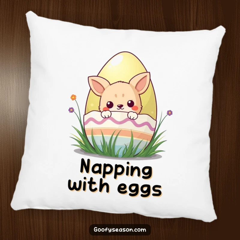 Funny kawaii animal character peeking from behind a colorful Easter egg, looking soft and huggable on this pillow.