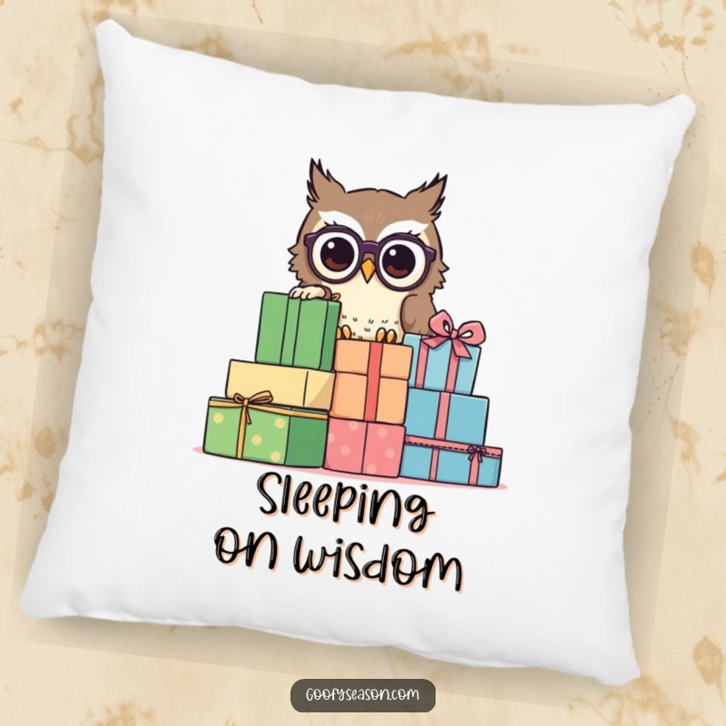 Funny owl with glasses peeking behind presents on a soft pillow, a charming funny gift.