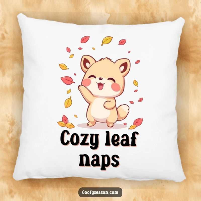 Funny kawaii animal character playfully tossing colorful autumn leaves, designed as a plush and decorative pillow.