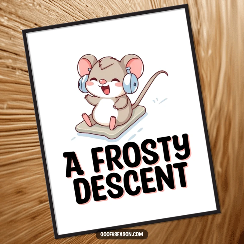 Funny Digital Art Print: A giggling mouse in earmuffs slides down a snowy hill with joy.