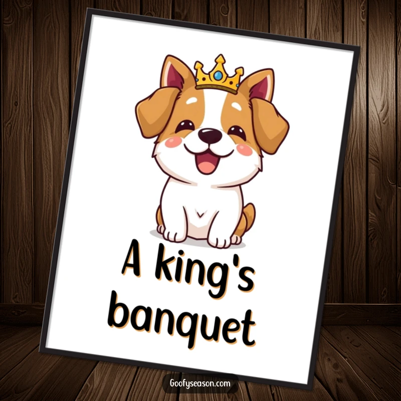 Funny dog character wearing a small crown, celebrating a lavish royal feast, a humorous digital art print.
