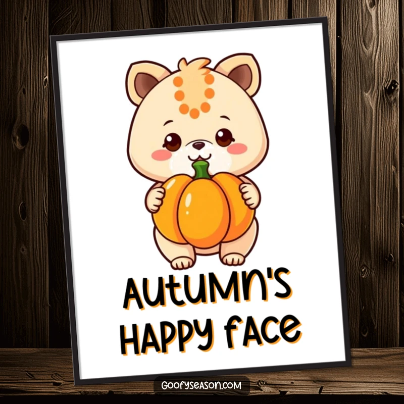 Funny kawaii animal character holding a pumpkin with a wide, happy grin, ready to be printed as digital art.