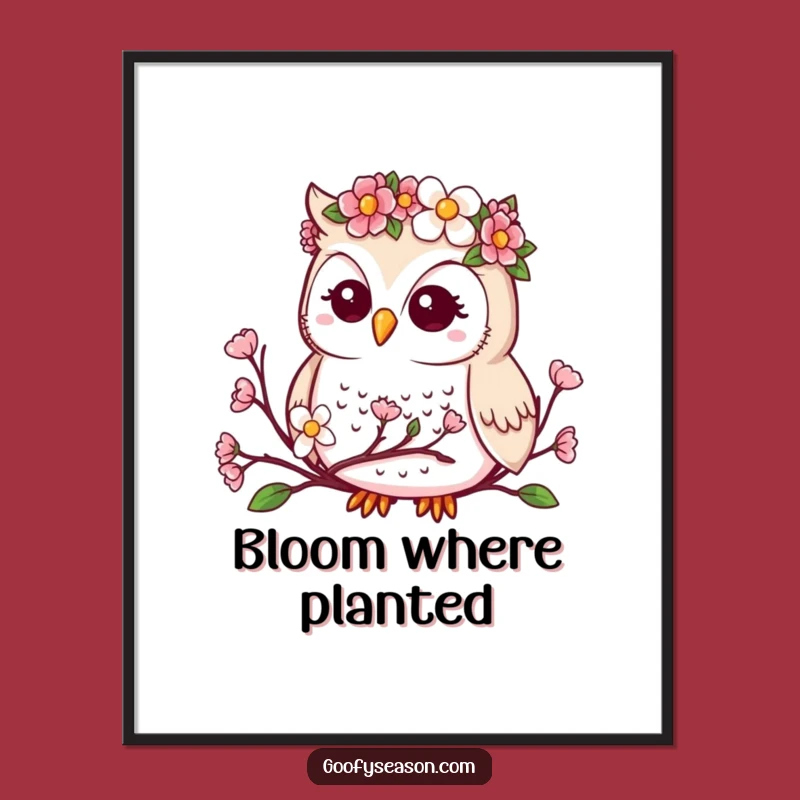 Funny Kawaii Owl Digital Print - Spring Bloom Flower Crown Wall Art Funny Gift
