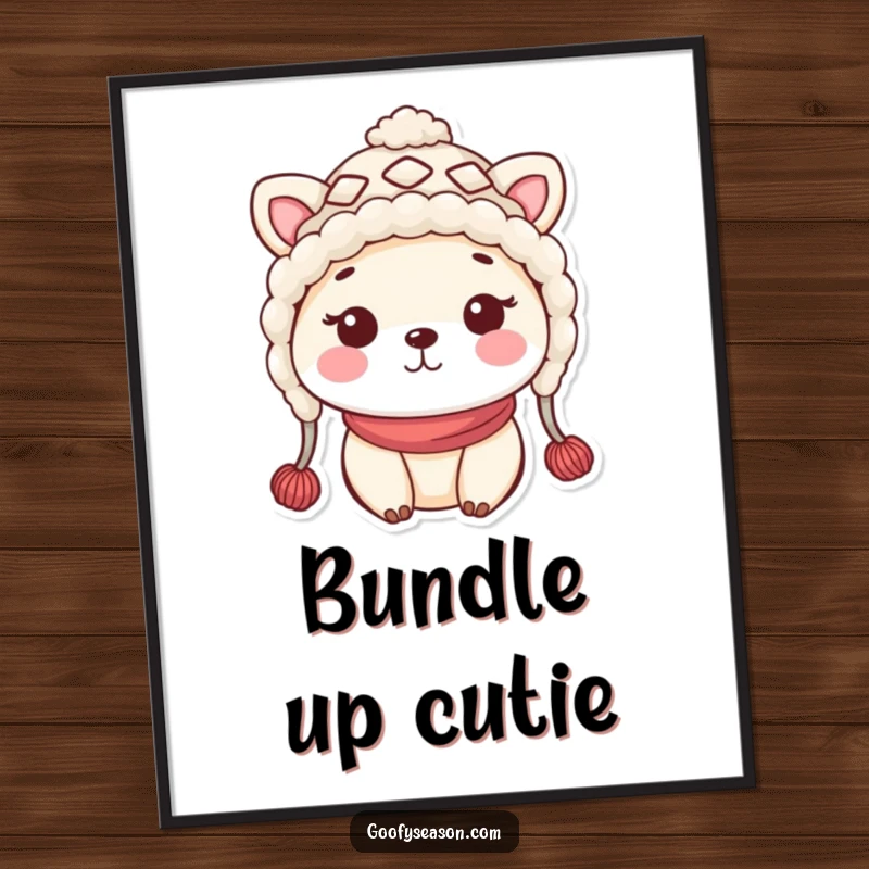 Funny kawaii animal character in a silly woolly hat with rosy cheeks, ready to be printed as digital art.