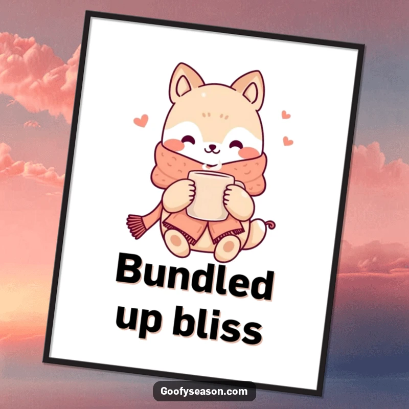 Funny kawaii animal character bundled in a cozy scarf, holding a steaming mug, vibrant digital art print.