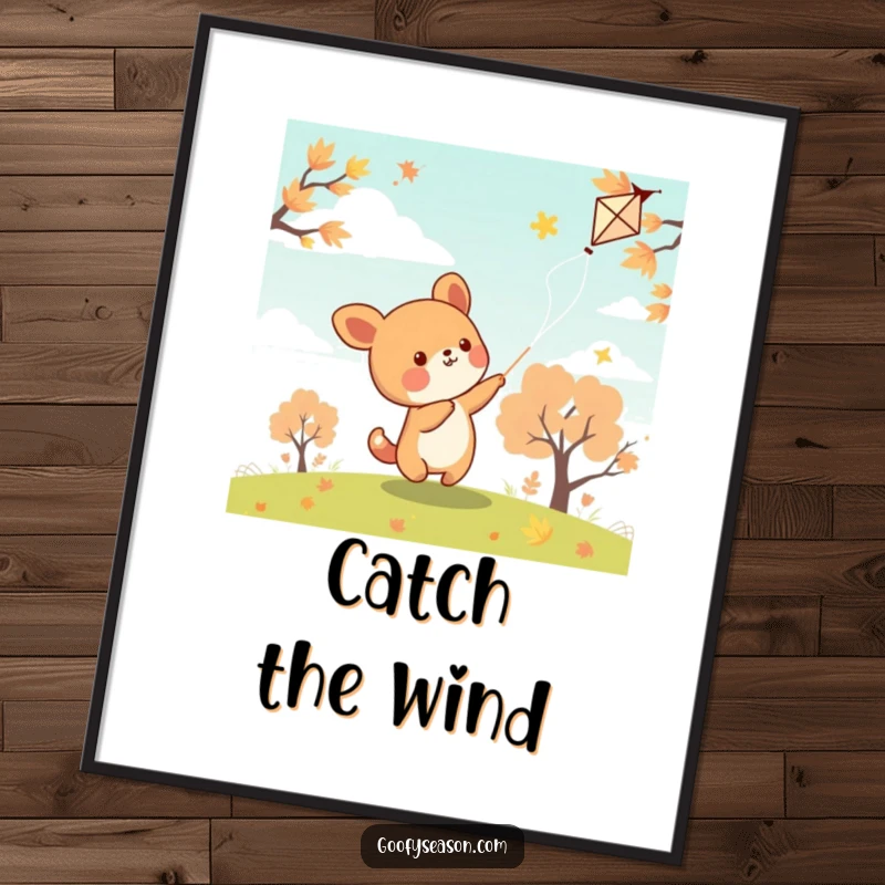 Funny kawaii animal character flying a kite on a breezy autumn day, ready to be printed as digital art.