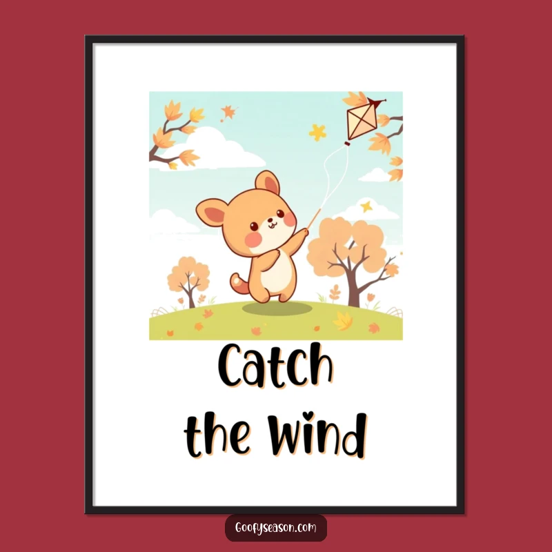 Funny Kawaii Kite Flyer Digital Art - Autumn Animal Print, Instant Funny Gift Download