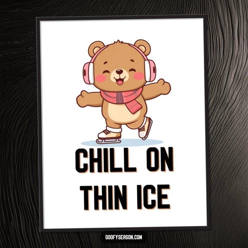 Funny bear character wearing earmuffs, ice skating with enthusiasm, a humorous digital art print.