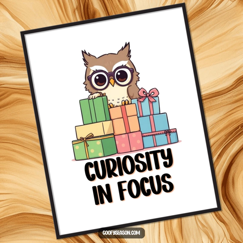 Funny owl wearing spectacles, peeking behind presents, printable digital art, intelligent decor.