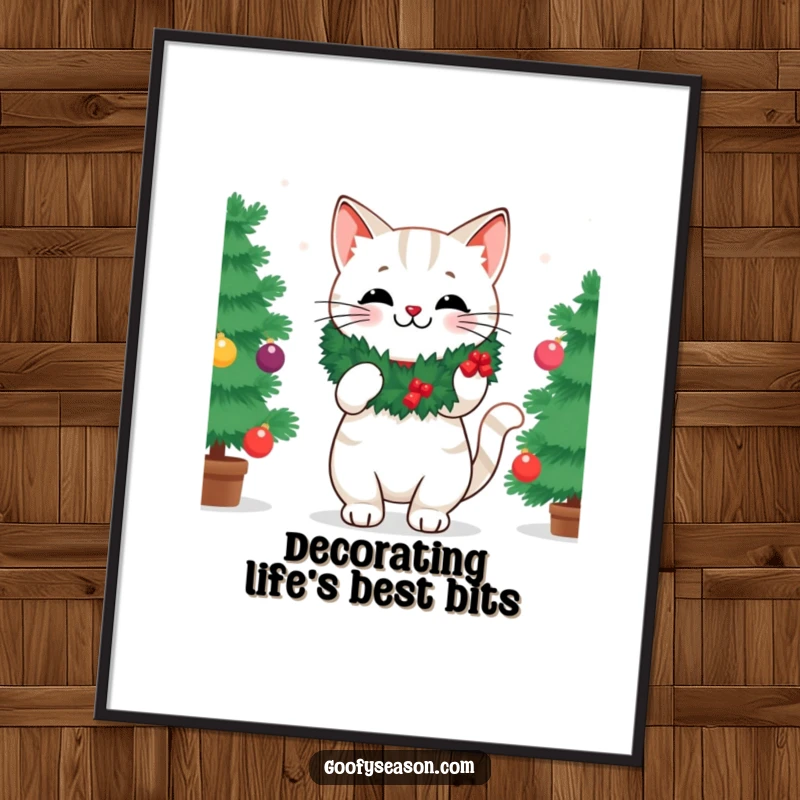 Funny digital art print of a cheerful cat wearing a festive wreath, decorating a beautifully lit Christmas tree with ornaments.