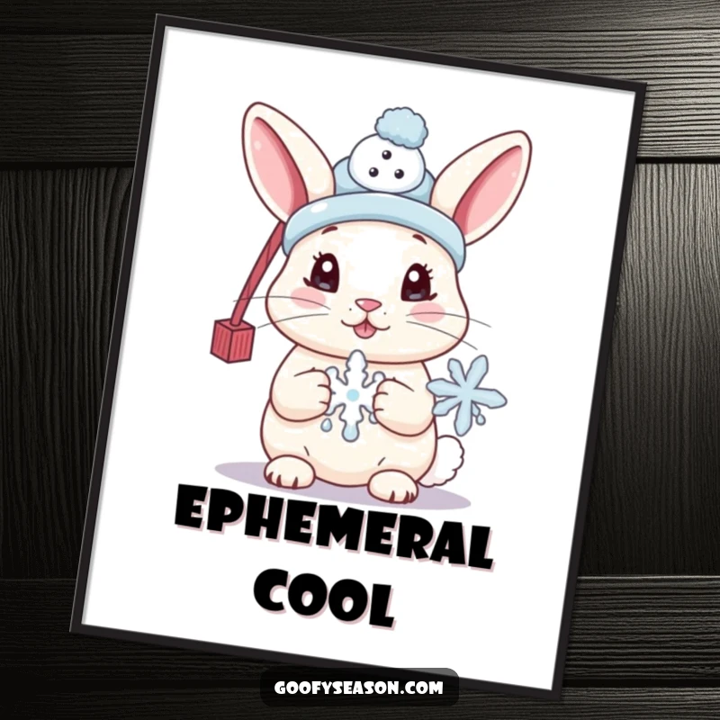 Funny digital art print of a cute bunny wearing a tiny snowman hat and holding a melting snowflake, offering instant winter charm.