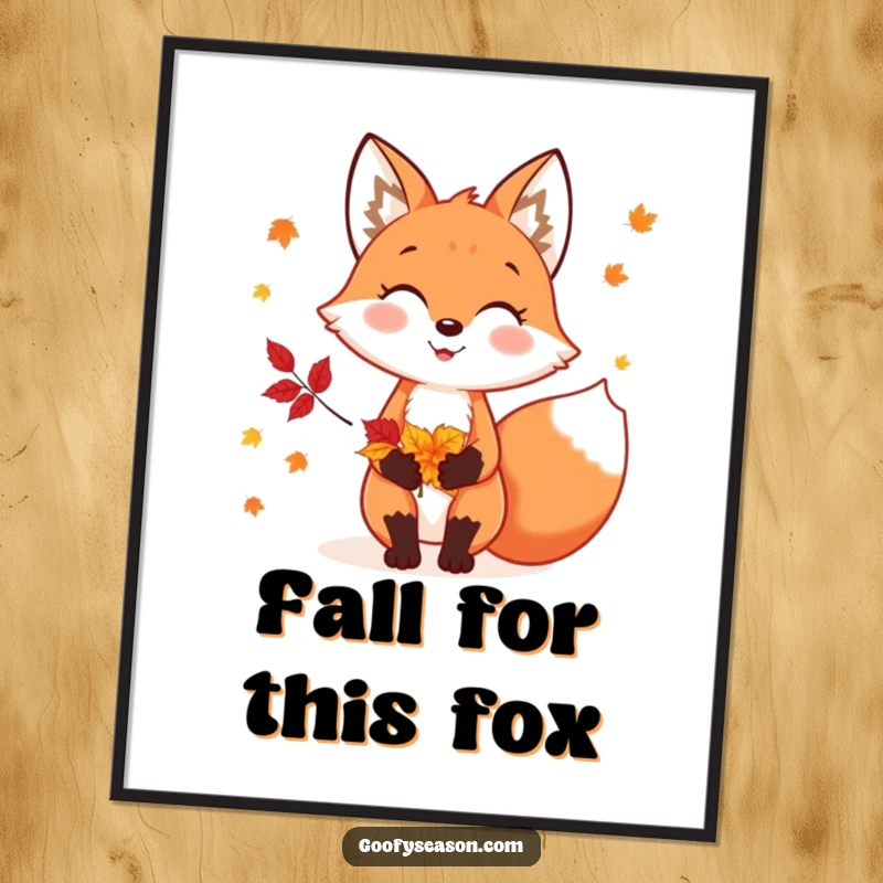 Funny digital art print of a cheerful fox holding colorful autumn leaves, capturing the essence of fall's beauty.