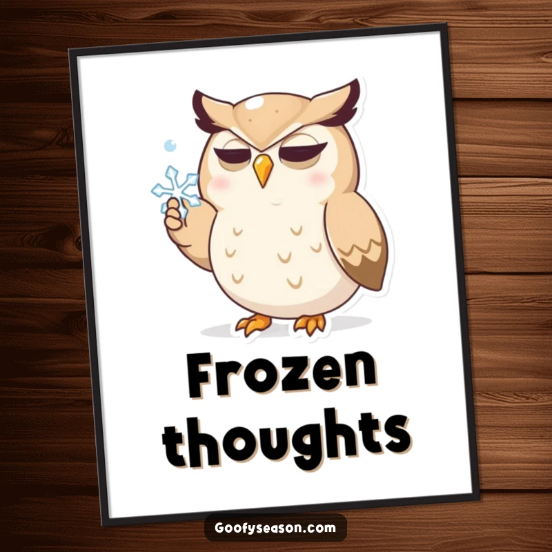 Funny digital art print of a determined owl character attempting to catch a snowflake, ideal for whimsical and humorous wall decor.
