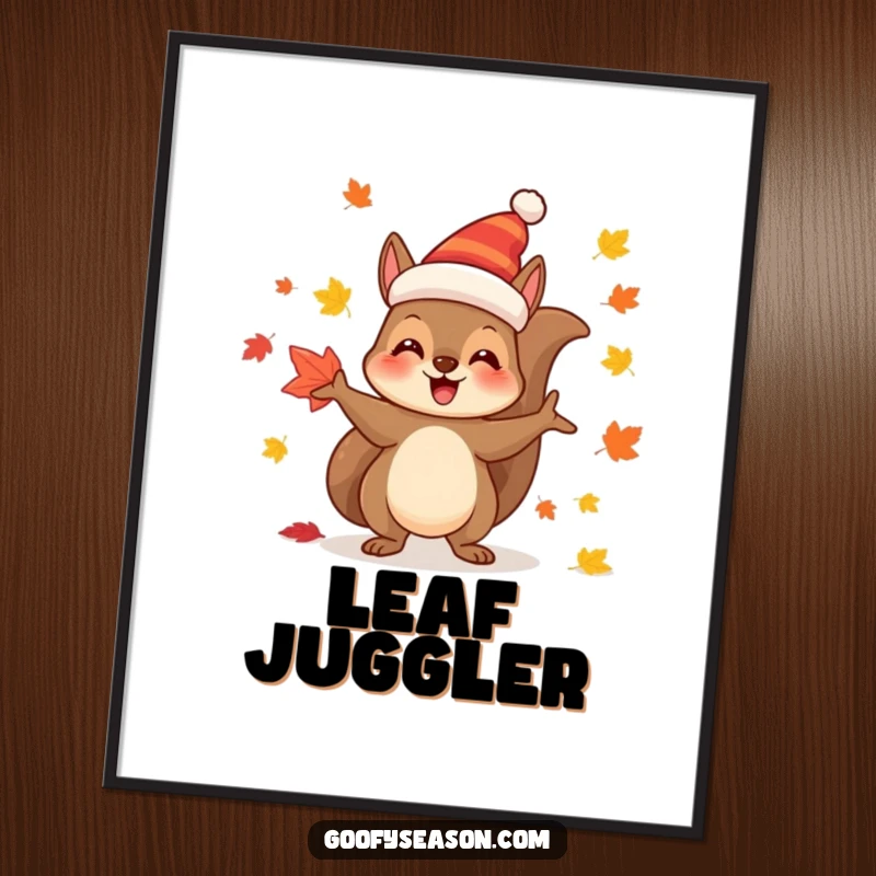 Funny Digital Art Print: Joyful squirrel character in a festive hat, juggling colorful autumn leaves.