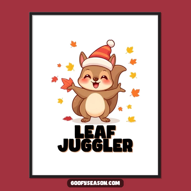 Funny Autumn Squirrel Digital Art: Joyful Juggler Festive Leaf Scene Print Gift