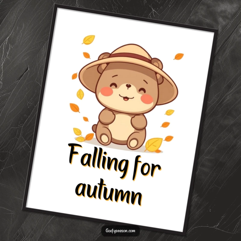 Funny happy bear character wearing a sun hat, catching colorful falling leaves, presented as a digital art print for instant decor.