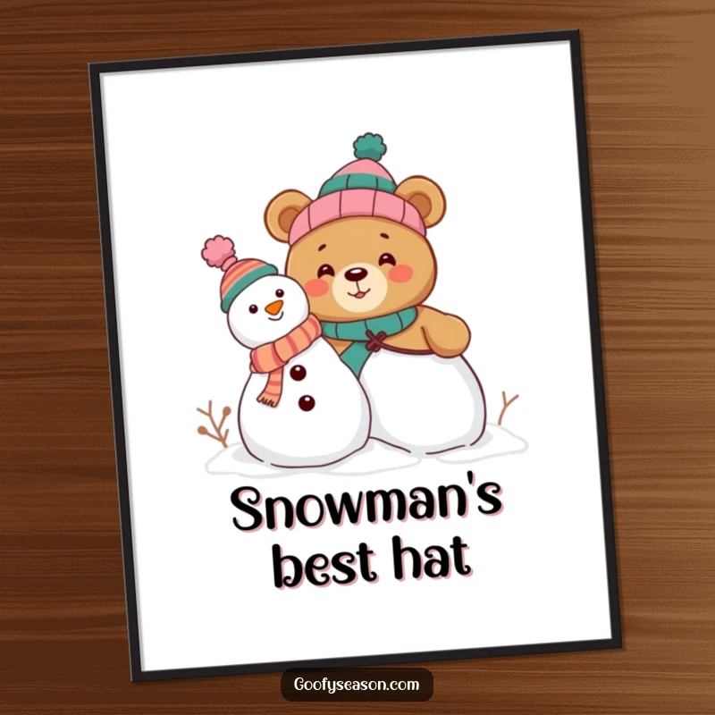 Funny digital art print of a curious bear character building a snowman, complete with funny, mismatched hats, for instant humorous wall decor.