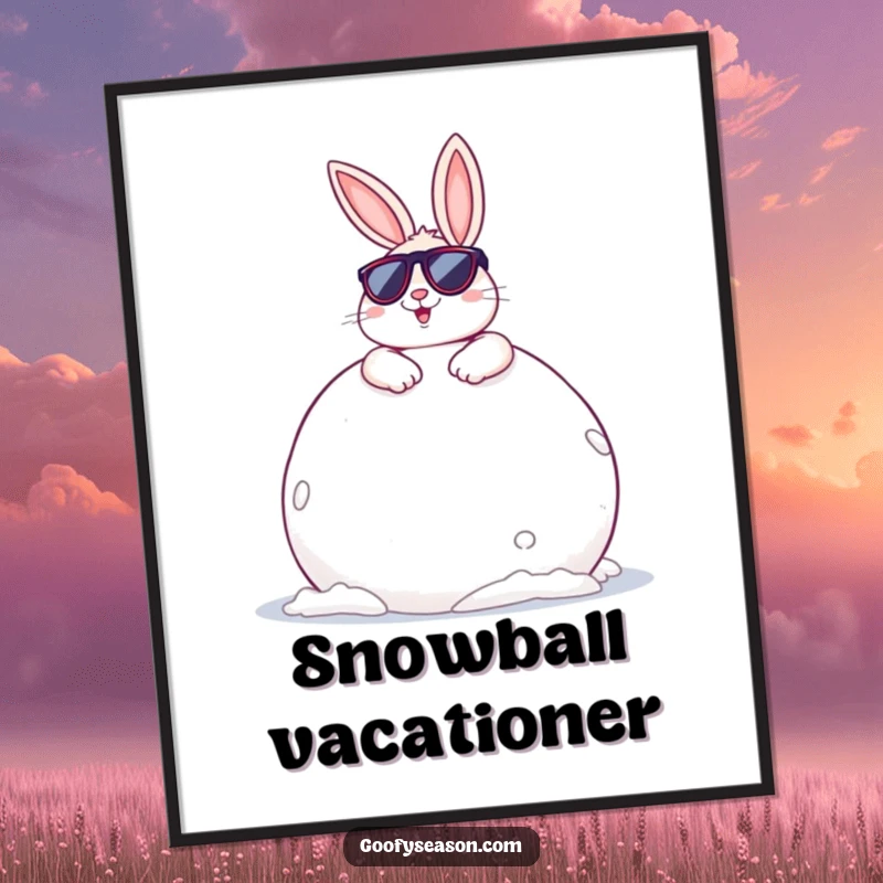Funny Bunny Digital Art Print: A cheerful bunny wearing sunglasses, lounging on a giant snowball, exuding cool winter vibes.
