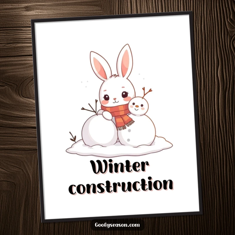 Funny digital art print of a curious bunny wearing a scarf building a snowman, ideal for whimsical and charming wall decor.